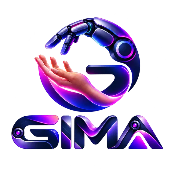 Human and robotic hands forming a G above the GIMA wordmark.